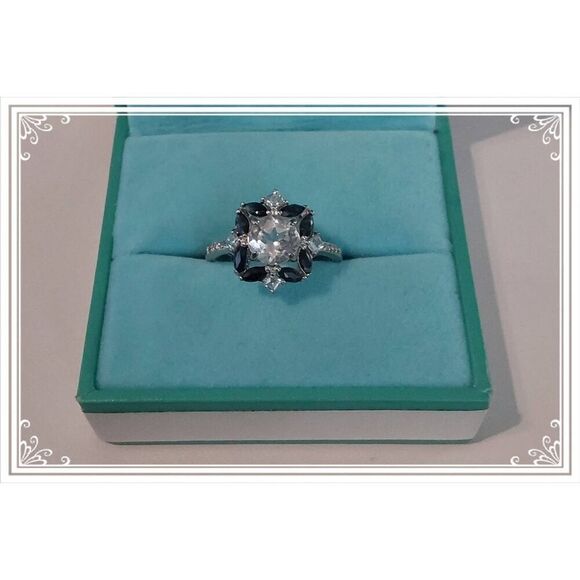 2.58 Ct. White & Blue Topaz/Blue Sapphire Gemstone Cluster Ring Sz 8 - Picture 1 of 4